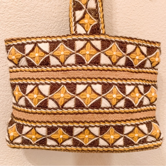Vintage Handmade Burlap Embroidered Satchel Hand Bag Geometric Tan Brown Boho - Picture 3 of 15